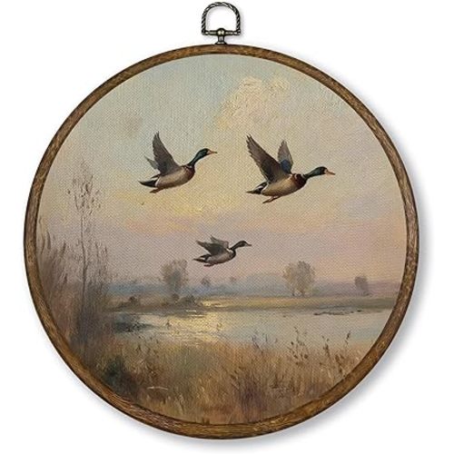 Qskjre Vintage Flying Mallard Duck Wall Art Decor, Rustic Farmhouse Round Wood Framed Canvas Picture Wall Artwork, Cottagecore Country Duck Hanging Prints for Living Room Bedroom Decorations, 10x10in