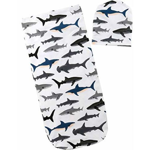 COLOOM Newborn Infant Baby Sleeping Bag & Hat Cap Shark Print Baby Receiving Blanket Set, 0-12 Months