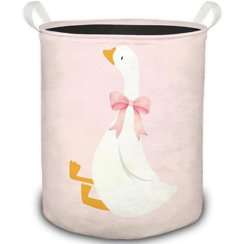 Pink Goose Nursery Laundry Basket, Coquette Preppy Pink Bow Goose Foldable Laundry Hamper With Handles Clothes Toys Storage Basket for Baby Girl Nursery Kids Bedroom Bathroom