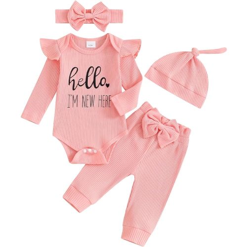 Hello World Newborn Outfit Baby Girl Going Home Outfit Ruffle Ribbed Romper Top Floral Pants Set Cute Summer Clothes