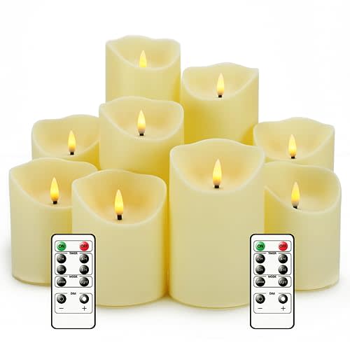 Nimiko Flameless Candles with Remote, Battery Operated Flickering Flameless Candles, LED Candles with Timer 2/4/6/8H, with Realistic LED Candles Set of 9 (D3 x H 3" 4" 5" 6" 7") (Ivory)