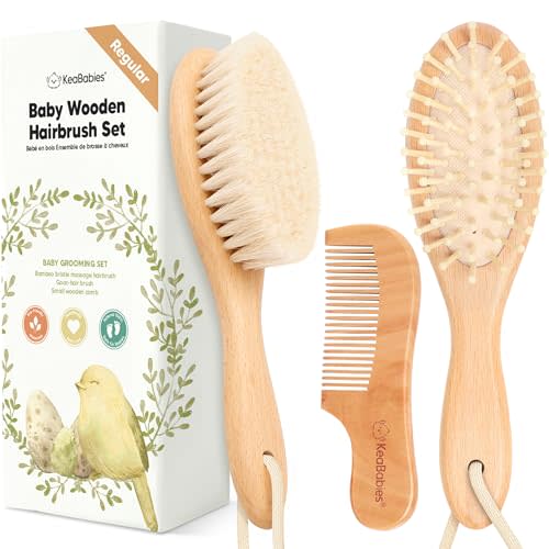 Baby Hair Brush Set for Newborns - Soft Goat Bristle Wooden Baby Brush and Comb Set Newborn Grooming Kit for Cradle Cap, Durable & Gentle, Boy, Girl Infant Essentials Care Kit Brush (Regular, Walnut)
