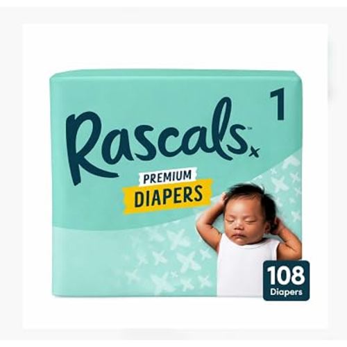 Rascals Premium Disposable Baby Diapers Size 1 (108 Count), Absorbent Core, Up to 12 Hours Leak Protection, Gentle on Skin, Secure Fit, Soft Comfort