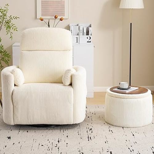 Oversized Swivel Rocker Recliner Chair with Massage and Heat, Manual Swivel Glider Rocker Recliner with 2 Pillows, Rocking Nursery Chair with Storage Ottoman, Adjustable Headrest,Corduroy Beige