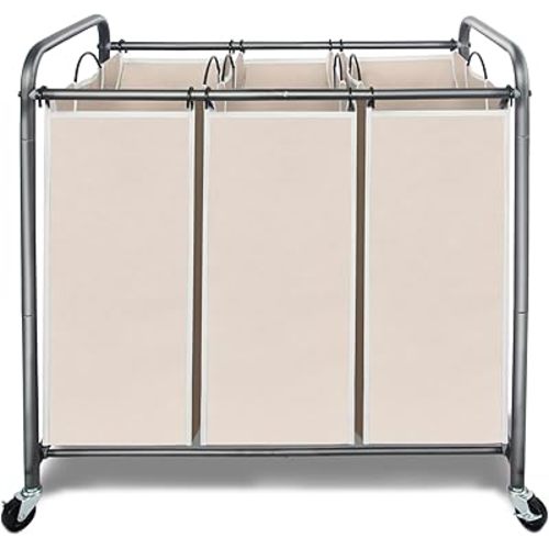 Laundry Sorter Hamper with Wheels, Heavy-Duty Laundry Sorter Rolling Cart, Lockable Wheels and Removable Bags, 3 Sections, Beige