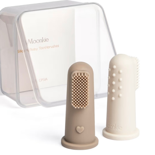 Moonkie Baby Toothbrush Finger Toothbrush Oral Cleaner Kit for 3 Months +, 2 Pcs Small (Warm Taupe/Ivory)