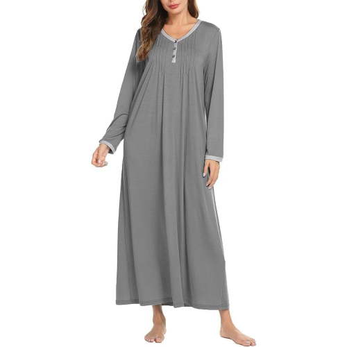 KISSGAL Women's Long Sleeve Nightgown Long Sleepshirts Henley Sleep Dress Full Length Sleepwear