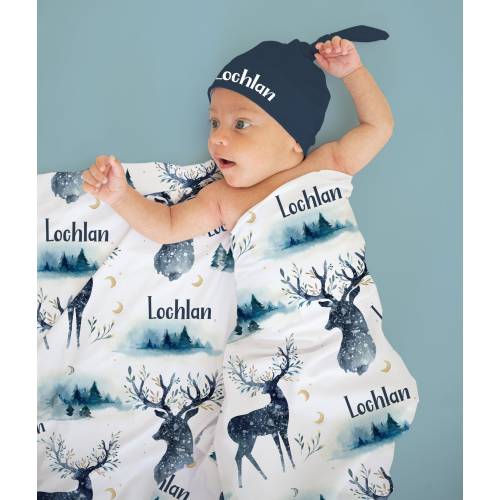 Woodland Baby Boy Swaddle Set with Name-Beanie Hat -Personalized Baby Boy Blanket with Watercolor Deer and Mountains -Newborn Hospital Photo