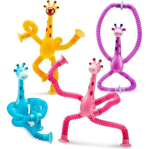 JOYIN Pop Tubes Giraffe Toys for Kids, 4 Pcs Sensory Tubes for Year Old Ages 3 4 5 6 7 8 9 10 Fidget Toys Birthday Gift for Toddler Boys Girls Easter Goodie Bags Stuffers Party Favors