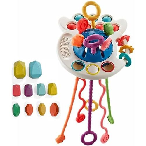 Montessori Toys Learning Educational Toddler Toys Silicone Pull String Toy for Toddlers Baby Fidget Sensory Toy Montessori Game Sensory Plane Travel Games for Boys Girls (Blue)