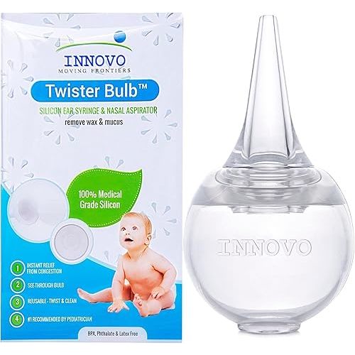 Innovo FSA/HSA Eligible Hospital Grade Silicone Twister Bulb Baby Ear Syringe and Nasal Aspirator, Sucks Snot and Mucus, Cleanable and Reusable, Clear