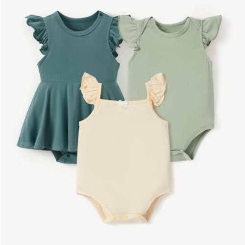 PATPAT Baby Girl Bodysuits - Soft Bamboo Viscose - Flutter Sleeves Cute Dress - Newborn Infant Summer Clothes - 3 Pack