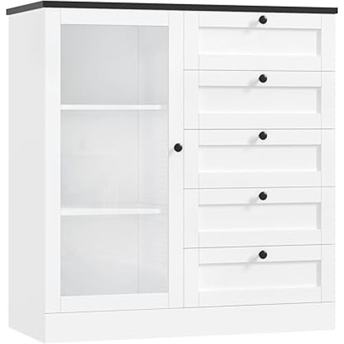HOSTACK 5 Drawer Dresser with Door, White Storage Cabinet with Drawers and Shelves, Wide Wood Dresser, Modern Chest of Drawers Organizers for Living Room, Kitchen, Hallway