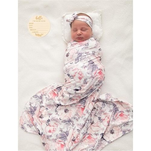 Newborn Baby Girl Receiving Blanket Swaddle Blanket Stretchy Knit Swaddle Set with Matching Headband and Beanie (Ink Pink)