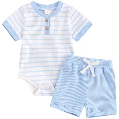 Newborn Baby Boy Girl Clothes Set Ribbed Short Sleeve Striped Romper Top Solid Color Shorts Sets 2Pcs Summer Outfits