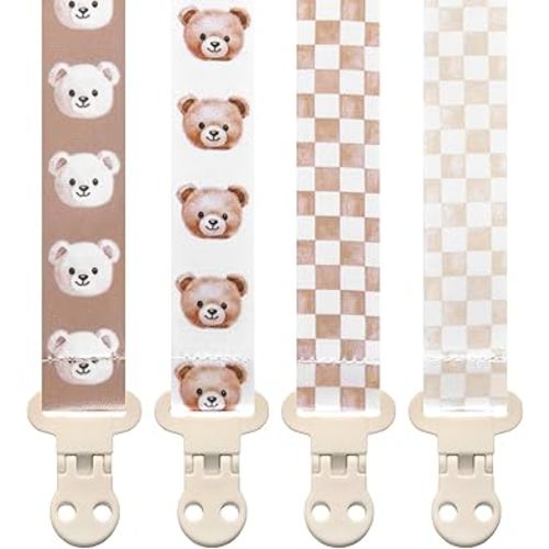Baby Pacifier Clip Holder - Boy and Girl Unisex 4 Pack Gift Set – Vintage Neutral Checker Teddy Bear Beige and Brown