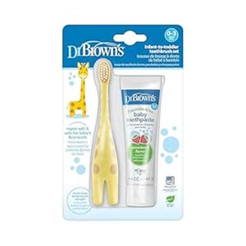 Dr. Brown's Infant-to-Toddler Training Toothbrush Set with Fluoride-Free Baby Toothpaste, Strawberry - Giraffe - 1.4oz - 0-3 Years