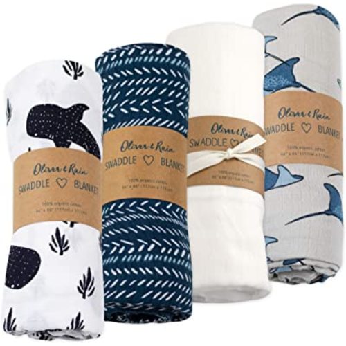 Oliver & Rain Organic Muslin Baby Boy Swaddle Blankets 4 Pack Receiving Blanket Whaleshark and Stingray Print, Dark Blue Dash Stripe and Solid White