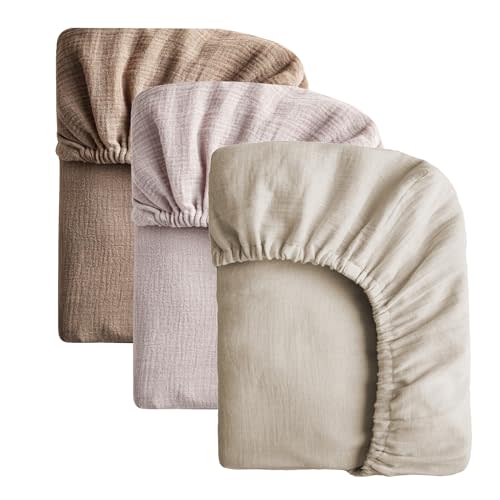 SOULFUL Muslin Crib Sheets for Boys Girls, 2 Pack Soft and Breathable Organic Cotton Fitted Crib Sheets for Standard Crib Mattress (28"x 52", Light Tan & Brown & Mist Pink)