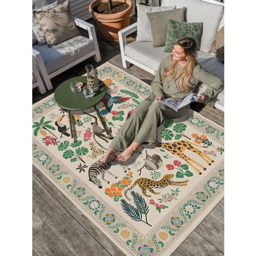 Tropical Safari Animal Rug with Colorful Jungle Design, Washable Lightweight Chenille Carpet for Kids Room or Playful Home Decor
