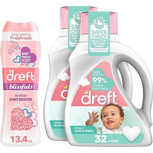 Bundle of Dreft Stage 2: Laundry Detergent Liquid Soap, 64 Total Loads (Pack Of 2) + Dreft Blissfuls In-Wash Scent Booster Beads, Baby Fresh, 13.4 oz