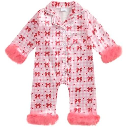 woshilaocai Baby Girl Button Down Romper Bow Strawberry Fuzzy Cuff Long Sleeve Jumpsuit Spring Summer Clothes