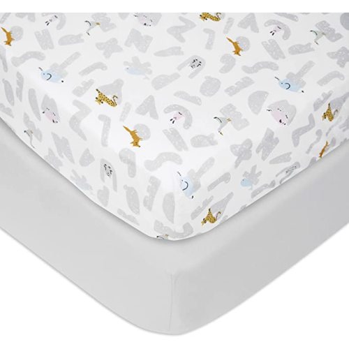 aden + anais Essentials Classic Poplin Crib Sheets, 100% Cotton Fitted Sheet, Standard Crib Mattress Topper for Baby Boys and Girls, 2 Pack, Alphabet Animals