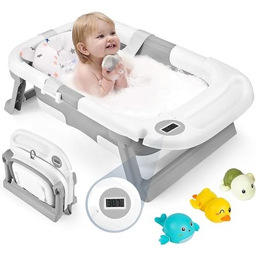 Baby Bathtub for Newborns, Collapsible Baby Bath Tub for 0-24 Months, Infant Bathtub With Temperature Sensor, Soft Cushion, Baby Bath Essentials Shower Gifts