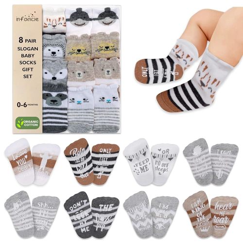 Organic Cotton Baby Socks 0-6 Months Gift Set - 8 Unique Pairs, Cute & Funny Unisex Newborn Gifts for Baby Showers & Registries - Soft, Hypoallergenic Newborn & Infant Socks - Girl & Boy Gifts