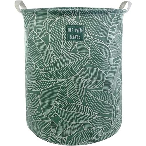 Mziart Large Foldable Laundry Basket Organizer, Collapsible Laundry Hamper Fabric Clothes Toy Storage Basket Nursery Hamper Storage Bin for Household Bedroom, Bathroom, College Dorm (Big Green Leaf)