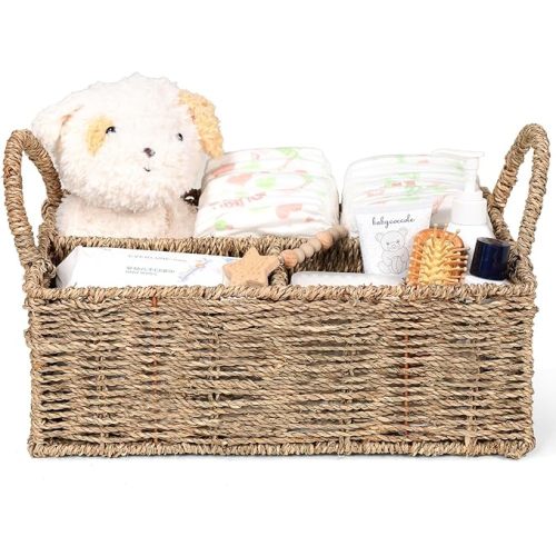 Diaper Caddy Organizer, Hand Rattan Nursery Baby Basket Changing Table Organizer for Baby Essentials, Baby Shower Gifts, Versatile Shelf Basket Bathroom/Kitchen Organizer (Natural Beige, L)