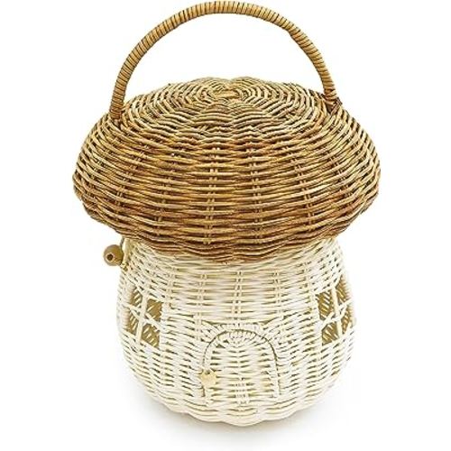 KOLWOVEN Mushroom Rattan Storage Basket with Lid - Mouse in a Box House- Small Doll house- Decorative Hand Woven Shelf Organizer Cute Handmade Handcrafted Gift Decoration Artwork Wicker (Natural)