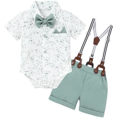 YALLET Baby Boy Clothes Suit Infant Boy Gentleman Outfits Dress Romper Shirt+Bowtie+Suspender Shorts Set