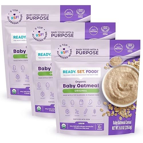 Ready Set Food Organic Baby Oatmeal Cereal – Safe & Easy Early Allergen Exposure for Babies 6+ Months, Organic Baby Food with 9 Top Allergens: Organic Peanuts, Milk, Eggs, Cashews & More (3-Pack)