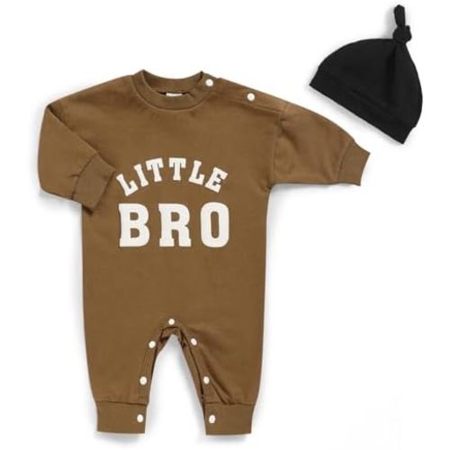 Newborn Boy Fall Winter Outfits Baby Boy Soft Cotton Romper Little Bro Print Jumpsuit Coming Home Clothes with Hat