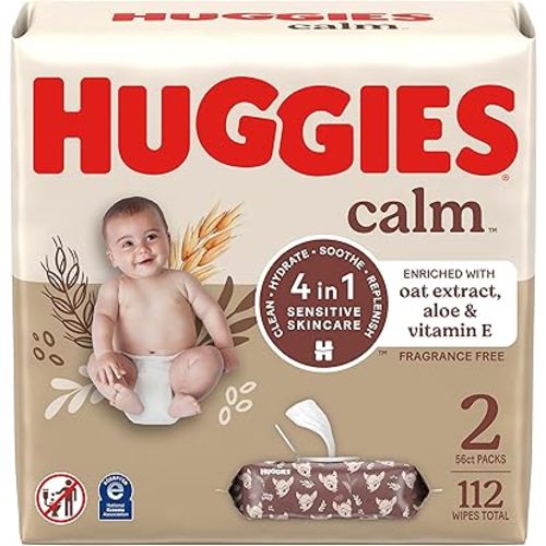Huggies Calm Baby Diaper Wipes, Unscented, Hypoallergenic, 2 Push Button Packs (112 Wipes Total)