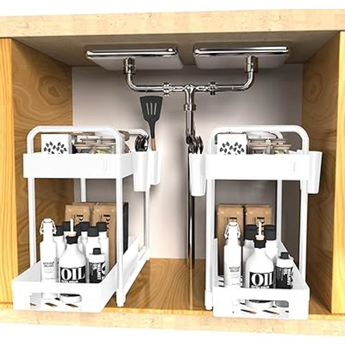 2 Pack Double-Layer Under Sink Organizer for Efficiently Utilizing Space, High Capacity and Space Saving, 2 Tier Sliding Under Sink shelf with 4 Hooks and a Cup Slot (White)