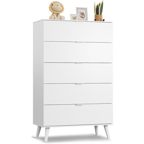 WLIVE 5 Drawer Dresser for Bedroom, Tall Wood Dresser, White Dressers Storage Organizer with Sturdy Metal Handle, Chest of Drawers for Living Room, Hallway, Closet