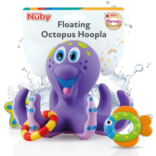 Nuby Floating Octopus Toy with 3 Hoopla Rings - Baby Bath Toy for Boys and Girls - 18+ Months - Purple (Pack of 1)