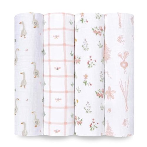 aden + anais Essentials Baby Muslin Swaddle Blankets, Newborn Receiving Blanket for Swaddling, 100% Cotton Baby Swaddle Wrap, 4 Pack, Country Floral