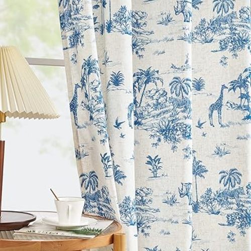 jinchan Linen Toile Curtains 84 Inches Long for Living Room Toile de Jouy Printed Farmhouse French Country Curtains Grommet Top Light Filtering Window Drapes for Bedroom 2 Panels Blue on Beige