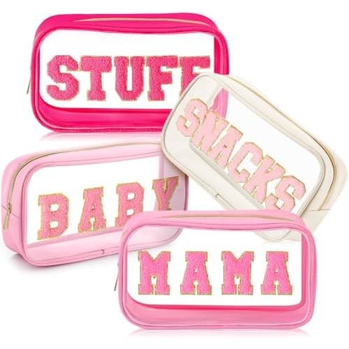 4 Pcs Mama and Baby Toiletry Bag Clear Chenille Letter Pouch Snacks Makeup Stuff Travel Diaper Bag Preppy Transparent Pouch with Zipper for Women Gift(Bright Color)