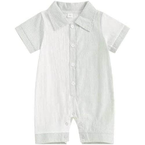Baby Boy Vertical Striped Romper with Pockets One Piece Lapel Neck Short Sleeve Buttons Jumpsuit Spring Summer