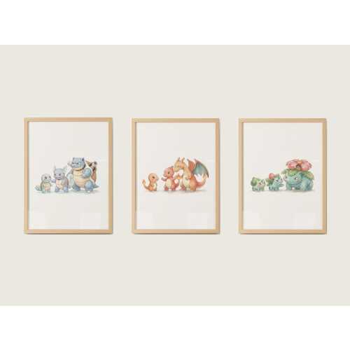 Baby Pokemon Starter Evolution Nursery Wall Art Set, 3 Cute Watercolor Prints, Digital Download For Baby Room And Kids Room