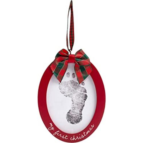 Pearhead Babyprints Double-Sided Christmas Photo Ornament with Clean Touch Ink Pad, Baby's First Christmas Holiday Keepsake Ornament, Newborn Handprint or Footprint Kit, 2 Sided, Red