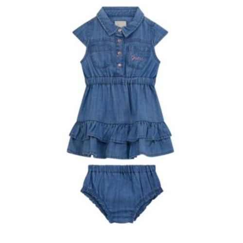 Baby Girls 2-Piece Cap Sleeve Slub Denim Tiered Dress and Matching Bloomer Set
