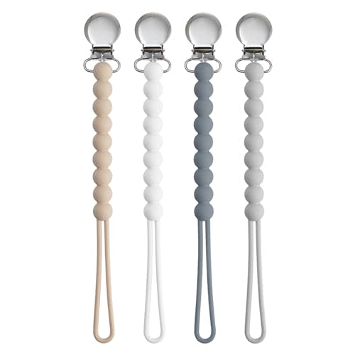 Pacifier Clip for Boys Girls - MORIBOX 4 Pack Paci Clip Soothie Baby Binky Holder for Shower Gift Birthday (Beige+White+Dgrey+Lgrey)