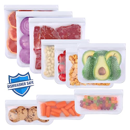 Lerine 10 Pack Dishwasher Safe Reusable Bags, Leakproof Reusable Freezer Bags, BPA Free Food Storage Bags for Lunch Marinate Food Travel(White) - 3 Gallon 4 Sandwich 3 Snack Bags
