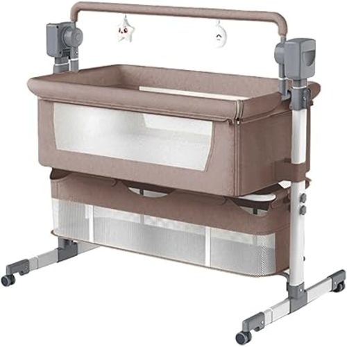 Electric Bluetooth Smart Bassinet for Co-Sleeping, Convertible Baby Bedside Crib Sleeper, Foldable Bedside Cot, Toddler Cradle with 5 Swaying Gears and Remote Control (601 Khaki)