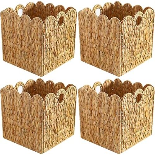 Scalloped Wicker Storage Cubes Basket, 12”x12“ Heavy Duty Paper rope/Hyacinth/Seagrass Baskets for Shelves, Foldable Natural Boho Square Bins (Water Hyacinth, 12 x 12 x 12in, 4-Pack)